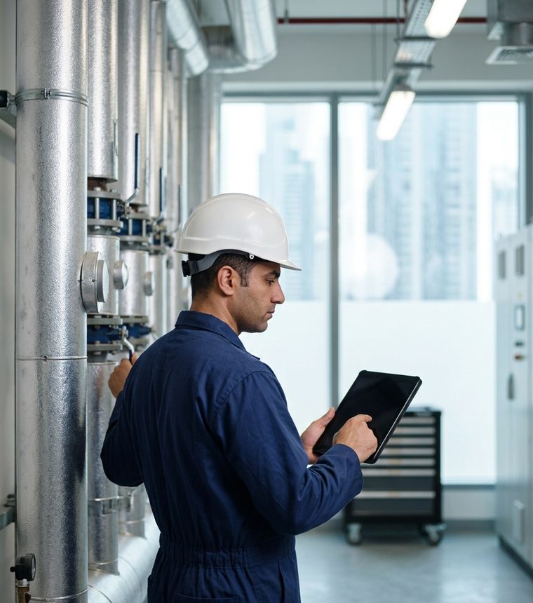A maintenance technician checking equipment in the plant room of a UAE building