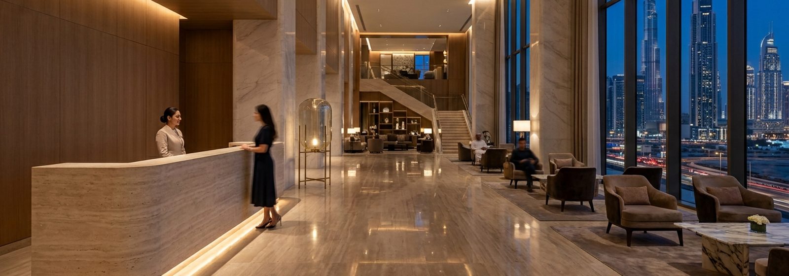 A quiet hotel lobby in the UAE at dusk, with the reception desk lit and the city visible through tall windows