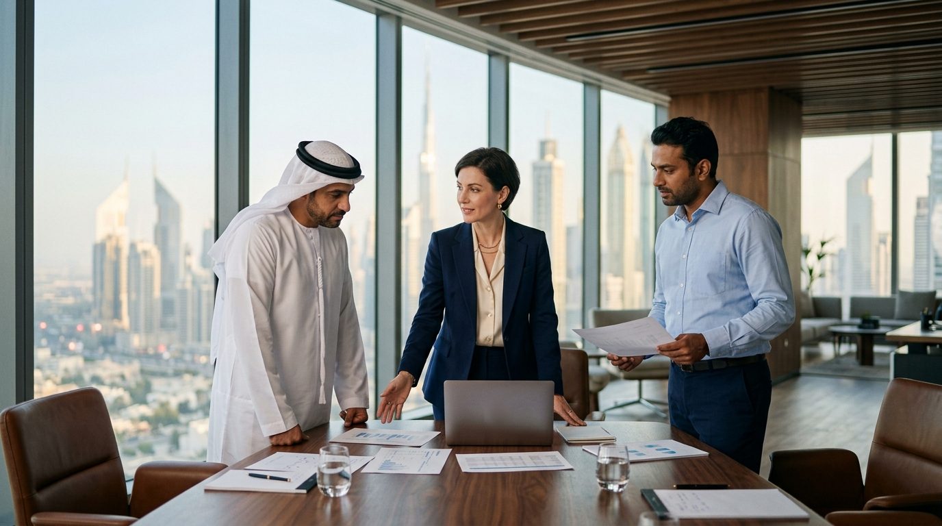 A group finance director walking two subsidiary managers through cost reports in a Dubai boardroom