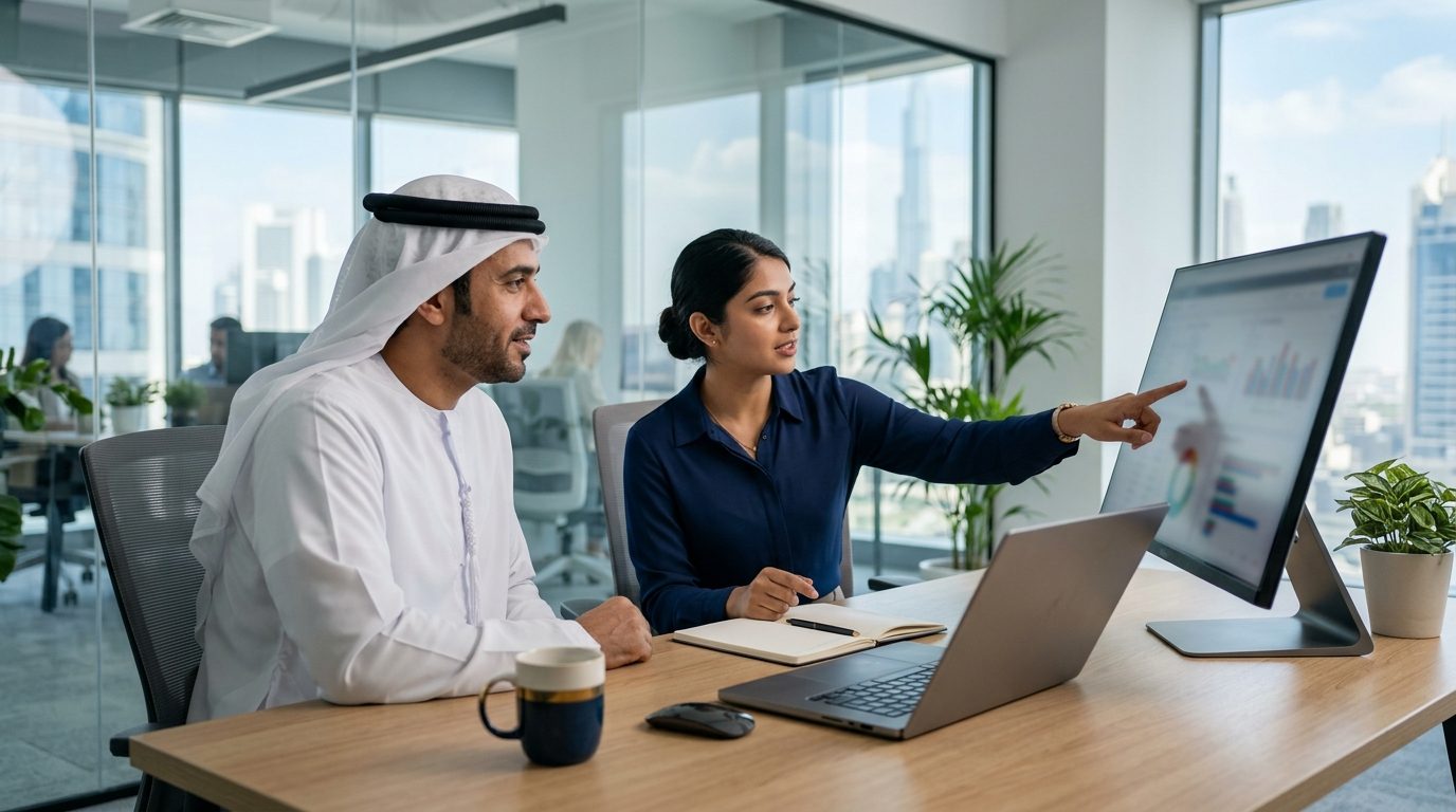 A Ripple accountant training a client's finance manager on a new accounting system in a Dubai office